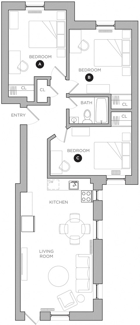 Floor plan for 3 beds, 1 bath, 437 sqft
